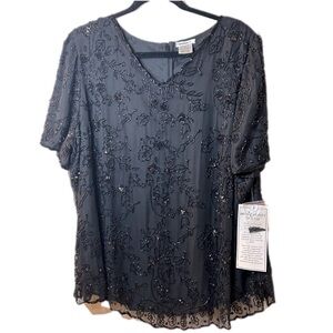 Roaman's dressy black beaded v neck top plus size 22W New  silk